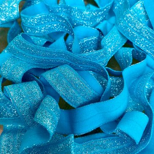 5/8&quot; Aegean Blue Glittering Fold Over Elastic - Elastic For Baby Headbands, Sewing and Hair Ties - 1, 5 or 10 Yards of 5/8 inch FOE