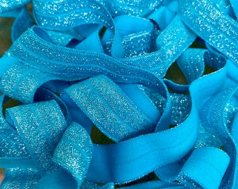 5/8" Aegean Blue Glittering Fold Over Elastic - Elastic For Baby Headbands, Sewing and Hair Ties - 1, 5 or 10 Yards of 5/8 inch FOE