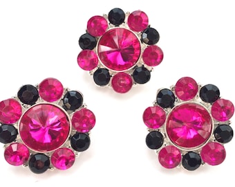 Set of 3 Acrylic Rhinestone Buttons in Hot Pink & Black - Perfect for DIY Headbands, Accessories, and Clothing