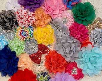 30 Assorted Solid and Print Single Flowers and Bows-Grab Bag of Flowers Combination of sequin bows and chiffon and lace flowers Flowers