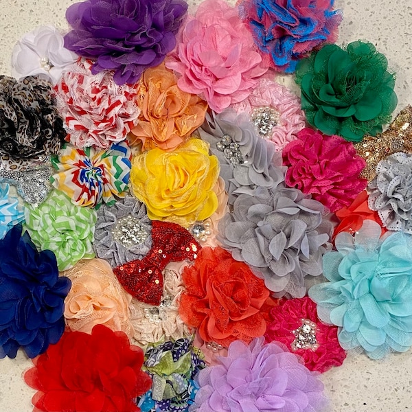 30 Assorted Solid and Print Single Flowers and Bows-Grab Bag of Flowers Combination of sequin bows and chiffon and lace flowers Flowers