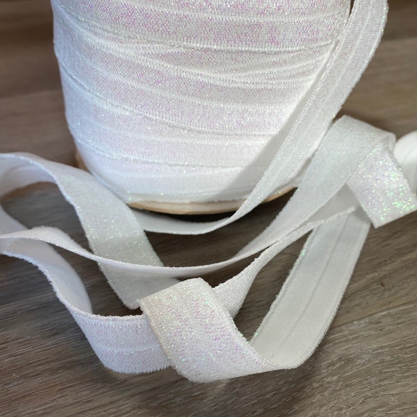 5/8" Iridescent White Glittering Fold Over Elastic - Elastic For Baby Headbands, Sewing and Hair Ties - 1, 5 or 10 Yards of 5/8 inch FOE