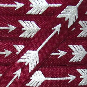 5/8&quot; Maroon and Silver Metallic Arrow Print Fold Over Elastic - Elastic for Baby Headbands and Hair Ties - Printed FOE