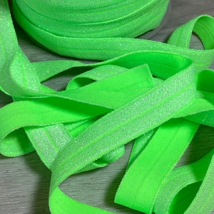 5/8&quot; Neon Green Glittering Fold Over Elastic - Elastic For Headbands, Sewing and Hair Ties - 1, 5 or 10 Yards of 5/8 inch FOE