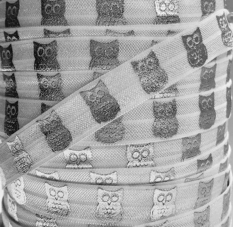 1 or 5 Yards of Printed FOE Elastic for Baby Headbands and Hair Ties 58 White and Silver Metallic Owl Print Fold Over Elastic