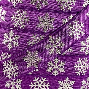 5/8" Purple and Silver Metallic Snowflake Print Fold Over Elastic - Elastic for Holiday Hair Ties - 1 or 5 Yards 5/8 inch Printed FOE