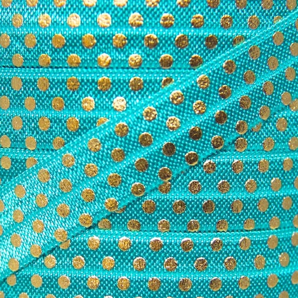 5/8" Jade and Gold Metallic Polka Dot Print Fold Over Elastic - Elastic for Baby Headbands and Hair Ties - 1 or 5 Yards Printed FOE