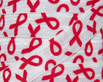 5/8" Red Ribbon Heart Disease Awareness as well as MADD Fold Over Elastic - 1 or 5 yards of 5/8 inch Printed FOE