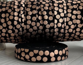 5/8" Black and RoseGold Metallic LARGE Polka Dot Print Fold Over Elastic - Elastic for Baby Headbands and Hair Ties - 1 or 5 Yards Print FOE