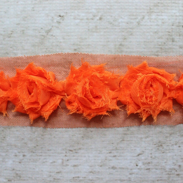SALE!!! Orange Petite Shabby Chiffon Flower Rose Trim - Flower Trim for Headbands and DIY supplies - 1/2 and 1 yard