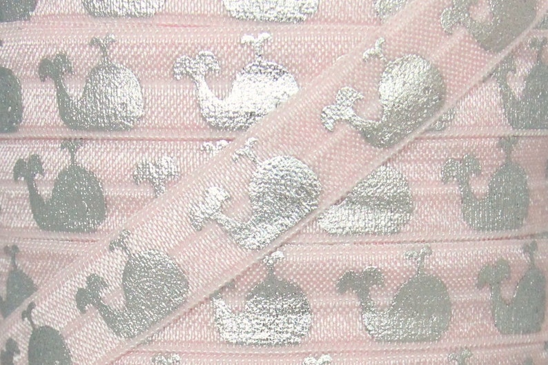 5 Yards 58 inch Printed FOE Elastic for Baby Headbands and Hair Ties Light Pink and Silver Metallic Whale Print Fold Over Elastic