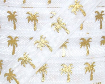 5/8" White and Gold Metallic Palm Tree Print Fold Over Elastic - Elastic for Baby Headbands and Hair Ties  1 or 5 Yards 5/8 inch Printed FOE