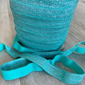 5/8&quot; Tropic Green Glittering Fold Over Elastic - Elastic For Baby Headbands, Sewing and Hair Ties - 1, 5 or 10 Yards of 5/8 inch FOE