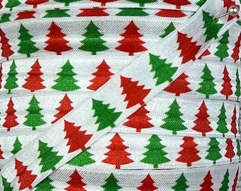 5/8" Christmas Tree Print Fold Over Elastic in red, white and green- Elastic for Headbands and Hair Ties -  5/8 inch Printed FOE