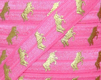 5/8" Neon Pink and Gold Metallic Unicorn Print Fold Over Elastic - Elastic for Baby Headbands and Hair Ties 1 or 5 Yards 5/8 in Printed FOE