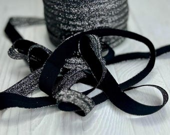 Black and Silver Glitter Fold Over Elastic - 5/8" FOE, Sewing, Headbands