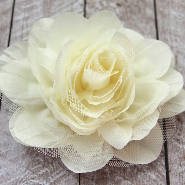 5.5 inch LARGE Crinkle Chiffon & Lace Flower in Ivory - Flower Head for Headbands and DIY Hair Accessories