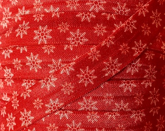 5/8" Red Snowflake Print Fold Over Elastic - Elastic for Headbands and Hair Ties -  5/8 inch Printed Christmas FOE
