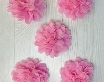 One Single or Set of 5 4” Chiffon and Tulle Flowers in Pink - Flower Head for Headbands and DIY Hair Accessories