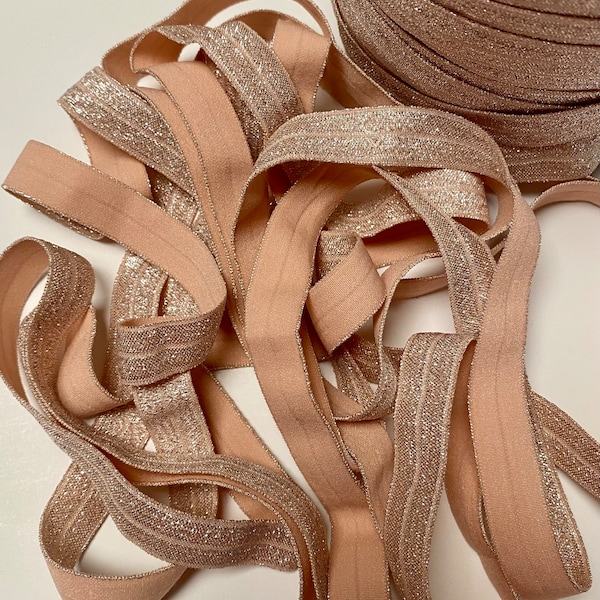 5/8" Rose Gold Glittering Fold Over Elastic - Elastic For Baby Headbands, Sewing and Hair Ties - 1, 5 or 10 Yards of 5/8 inch FOE