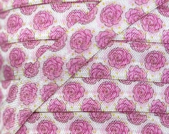 5/8" Pink Rose Floral Print Fold Over Elastic - Elastic for Headbands and Hair Ties - 1 or 5 Yards 5/8 inch Printed FOE - Couture Craft