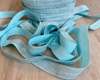 5/8" Light Blue Glittering Fold Over Elastic - Elastic For Baby Headbands, Sewing and Hair Ties - 1, 5 or 10 Yards of 5/8 inch FOE