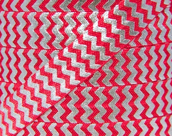 SALE!!! 5/8" Red & Silver Metallic Chevron Fold Over Elastic - Elastic for Baby Headbands and Hair Ties - Printed FOE