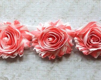 SALE!!! 2.5" Salmon Stripe Shabby Chiffon Flower Trim - Flower Trim for Headbands and DIY supplies - 1/2 or 1 yard Lengths