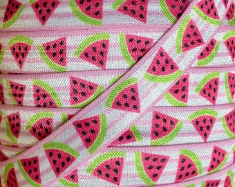 5/8" Watermelon and stripe print Fold Over Elastic - Elastic for Headbands and Hair Ties - 5/8 inch Printed FOE - Couture Craft Supply