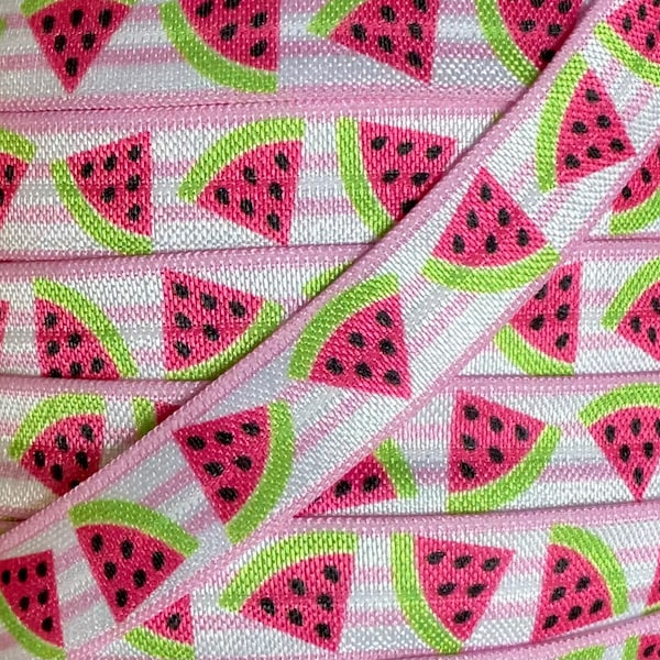 5/8" Watermelon and stripe print Fold Over Elastic - Elastic for Headbands and Hair Ties - 5/8 inch Printed FOE - Couture Craft Supply