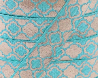 5/8" Tropic Metallic Gold Quatrefoil Print Fold Over Elastic - Elastic for Baby Headbands and Hair Ties - 1 or 5 Yards 5/8 inch Printed FOE