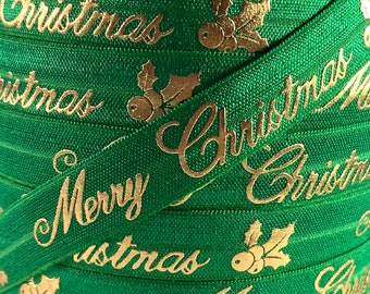 5/8" Emerald and Gold Metallic Merry Christmas Print Fold Over Elastic - Elastic for - 1 or 5 Yards 5/8 inch Holiday Printed FOE