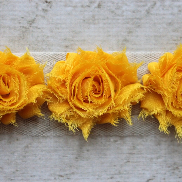 SALE!!! 2.5" Shabby Chiffon Flower Trim in Golden Yellow - Flower Trim for Headbands and DIY supplies - 1/2 or 1 yard Lengths