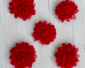 One Single or Set of 5 4” Chiffon and Tulle Flowers in Red - Flower Head for Headbands and DIY Hair Accessories