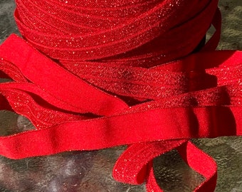 5/8" Red Glittering Fold Over Elastic - Elastic For Baby Headbands, Sewing and Hair Ties - 2, 5 or 10 Yards of 5/8 inch FOE