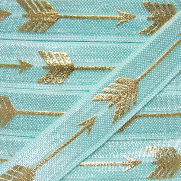 5/8" Aqua and Gold Metallic Arrow Print Fold Over Elastic - Elastic for Baby Headbands and Hair Ties - Printed FOE