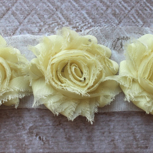 SALE!!! 2.5" Shabby Chiffon Flower Trim in Pale Yellow - Flower Trim for Headbands and DIY supplies - 1/2 or 1 yard Lengths