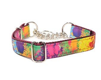 1" Width PAINT SPLATTER Martingale / Personalized Dog Collar/ Martingale 1/2 check chain/ Laser Engraved Buckle Option/ Laser Engraved Slide