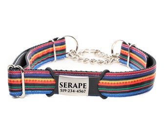 1" Width SERAPE Martingale / Personalized Dog Collar/ Martingale 1/2 check chain/ Laser Engraved Buckle Option/ Laser Engraved Slide