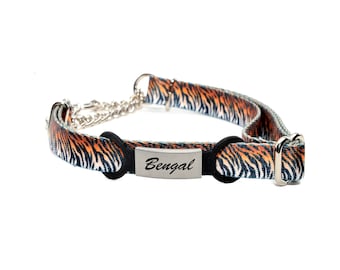 Martingale Training collar /5/8" Width BENGAL TIGER / Webbing Dog Collar /  1/2 Check Chain Martingale / Personalized /Laser Engraved Collar