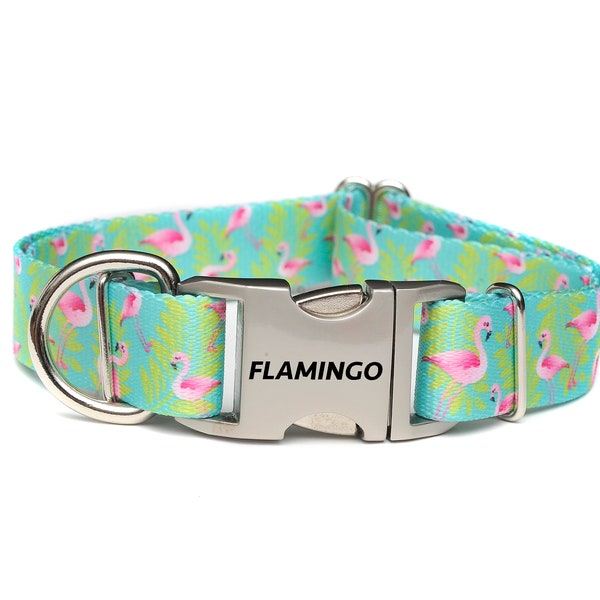 Adjustable dog collar /5/8 & 1 Inch Width PINK FLAMINGOES webbing / personalized dog collar /Martingale or standard collar/Laser Engraved