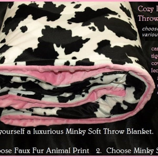 Faux Fur Throw Blanket Animal Print Plush Minky Throw Leopard Zebra Cow Print Western and Safari Style