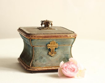 Rare And Beautiful French Louis Phillippe Antique Jewelry Box/Bon Bon Box/Casket In Antique Blue Faded Velvet/ Brass Fittings And Gold Leaf