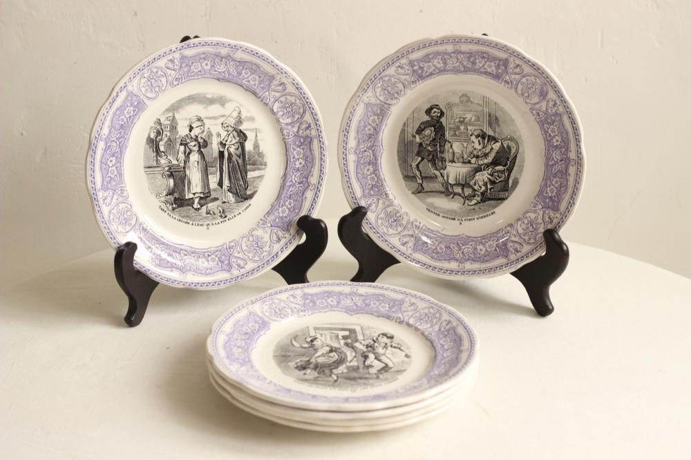 Français Ancien Ensemble de Six Lavande et Monochrome Ironstone Plaques Transfert Dessert/Côté Impri