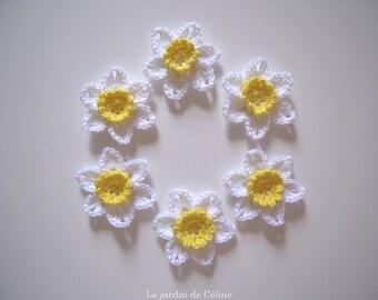Daffodils - narcissus - set of 6 flowers crocheted in cotton
