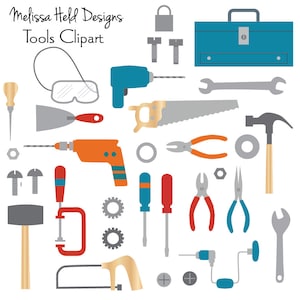 May include: A set of colorful tools clipart, including a hammer, saw, screwdriver, pliers, wrench, drill, and more. The tools are arranged in a toolbox with a blue lid and a lock. The clipart is perfect for crafting, scrapbooking, and other creative projects.