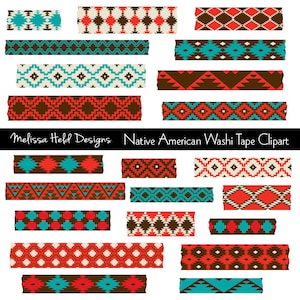 May include: A set of 16 digital printable washi tape designs featuring Native American inspired patterns in red, brown, turquoise, and white. The designs are perfect for adding a touch of cultural flair to your crafts and projects. Melissa Held Designs Native American Washi Tape Clipart.
