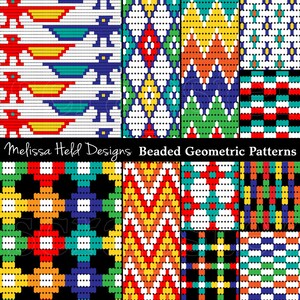 May include: A set of nine beaded geometric patterns in red, yellow, blue, green, white and black. The patterns are arranged in a grid and are all different. Melissa Held Designs Beaded Geometric Patterns.