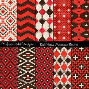 Op de afbeelding: Tien verschillende rode, witte en zwarte Native American patronen. De patronen zijn geometrisch en bevatten verschillende vormen, waaronder driehoeken, vierkanten en ruiten.