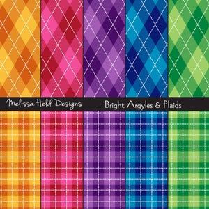 Puede incluir: Un paquete de papel digital con ocho patrones diferentes. Los patrones son de rombos y cuadros en colores brillantes, incluyendo amarillo, rojo, morado, azul y verde.